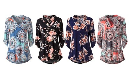 Haute Edition Women's Floral 3/4 Roll-Sleeve Tunic Top. Plus Sizes Available.