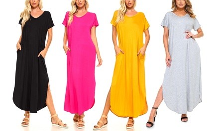 Isaac Liev Women's Short Sleeve Flowy Maxi Dress With Pockets & Side Slits. Plus Sizes Available.