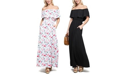 Doublju Women's Layered Off-Shoulder Maxi Dress. Plus Size Available.