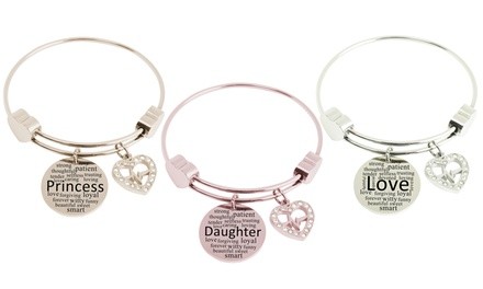 Expandable Hearts Inspirational Bangle with Cubic Zirconia by Pink Box