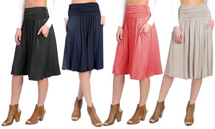 Fashion California Shirring Midi Flare Skater Skirt with Pockets