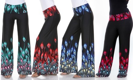 White Mark Women's Peacock Print Palazzo Pants. Plus Sizes Available