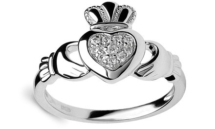 Elements of Love Cubic Zirconia Claddagh Heart Ring in 18K White Gold Plated