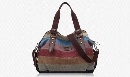 Women's Retro Rainbow-Stripe Canvas Shoulder Bag