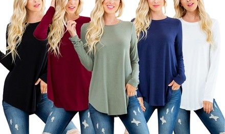 Riah Fashion Women's Round Hem Long Sleeve Top. Plus Sizes Available.