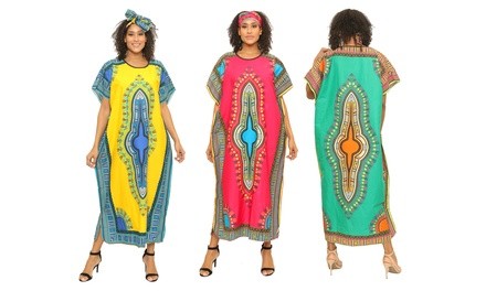 Women's Dashiki Caftan Dress with Scarf Head Wrap