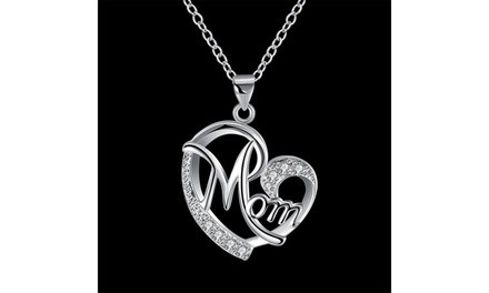 Sterling Silver Mom CZ Crystal Heart Love Charm Pendant Necklace