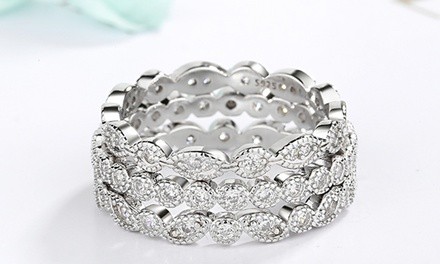 Sterling Silver French Milgrain Eternity Band Set with Swarovski Crystals