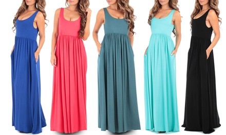 Women's Ruched Maxi Dress with Pockets