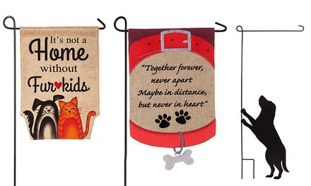 Dog and Cat Themed Burlap Garden Flags and Flag Stands