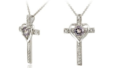 1/100 CTTW Amethyst and Diamond Accent Cross Heart Pendant in Sterling Silver