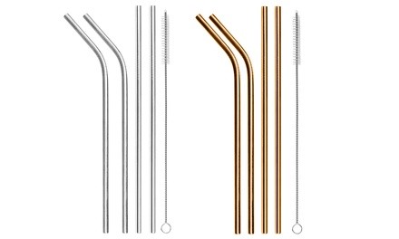 Metal Reusable Eco-Friendly Straws with Cleaning Brush (4- or 8-Pack)