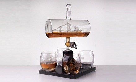 Sailing Ship Decanter Set with Dispenser and 4 Whiskey Glasses