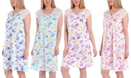 Women's Sleeveless Stretch Floral Print Nightgown with Lace Sleeves. Plus Sizes Available.