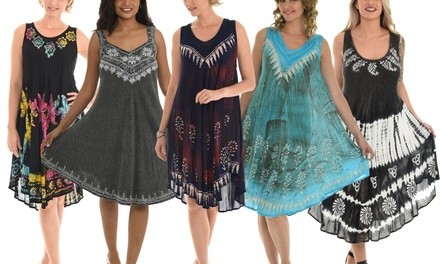 Shoreline Embroidered Sleeveless Rayon Tank Dresses. Plus Sizes Available.