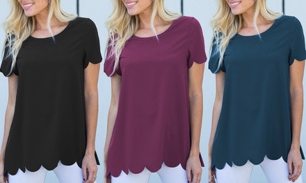 Reflection Women's Round Neck Scallop Blouse. Plus Sizes Available.