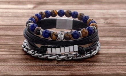 Simply Steel Men's Multi-Strand Bracelet Set in Stainless Steel & Genuine Stone
