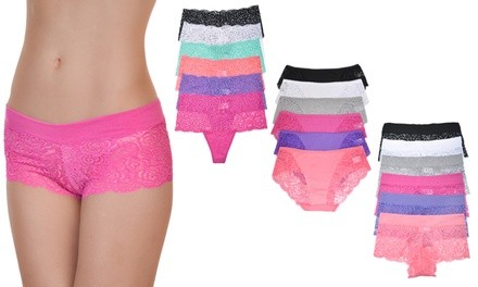 Angelina Lace and Cotton Thong, Hiphugger or Boxer Panties (6-Pack)