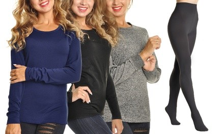 Women's Fleece-Lined Long Sleeved Thermal Tops (3-Pack) with Thermal Tights