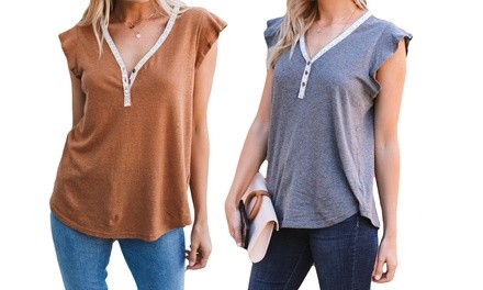 Reflection Women's Flutter Sleeve Henley Tee. Plus Sizes Available