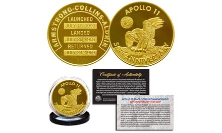 Apollo 11 50th Anniversary Space-Flown Robbins Tribute Coin Clad in 24K Gold 