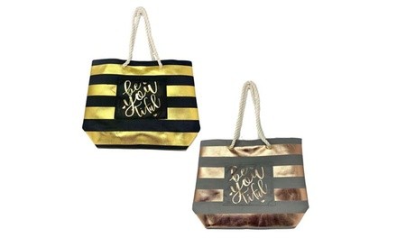 Metallic Rose Gold Striped Trendy Beach Bag Tote