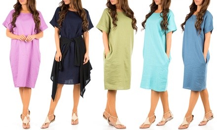 Women's Spring Linen Knee-Length Dress with Pockets