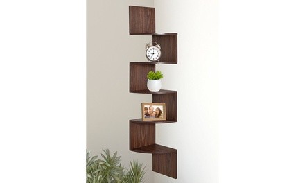 Greenco 5-Tier Wall Mount Corner Shelves Walnut Finish