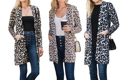 Reflection Women's Double-Knit Leopard Cardigan with Pockets. Plus Sizes Available.