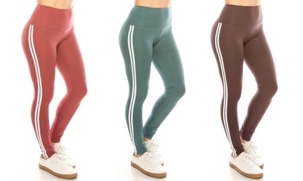 LA12ST Women's Wide-Waist Athletic Double Striped Full-Length Leggings
