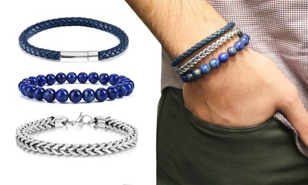 Men's Genuine Lapis, Leather, and Stainless Steel Bracelet Set (3-Piece)