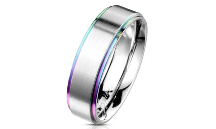 Spikes Men's Brushed Center Stainless Steel Classic Band Ring With Rainbow Edges