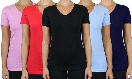 5-Pack Women's Slim-Fit Cotton-Stretch Short Sleeve V-Neck Tee (S-2XL)