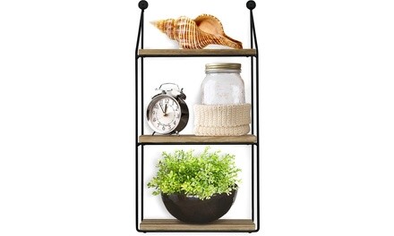 Geometric 3-Tier Mounted Floating Wire and Wood Wall Storage Shelf