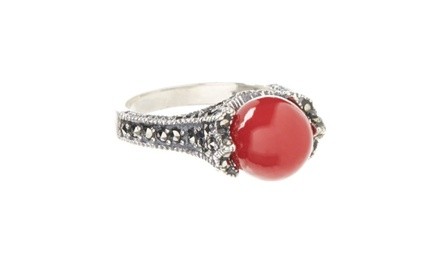 Genuine Marcasite and Red Coral Sterling Silver Ring by Valencia Gems