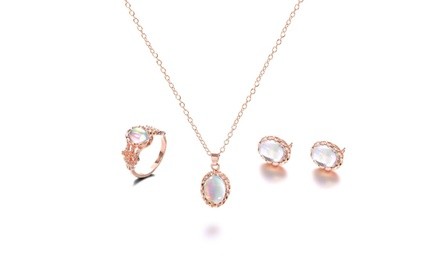 Lab-Created Fire White Opal Crown Jewelry Set in 18K Rose Gold Plating