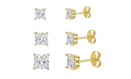 Gold over Sterling Silver Cubic Zirconia 3 Piece Square Stud Earrings 