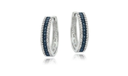 1.1ct TDW  Blue & White Diamond Hoop Earrings in Sterling Silver