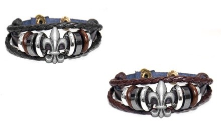 1 Or 2 Pack Men's Genuine Leather Fleur De Lis 3 Row Bracelet