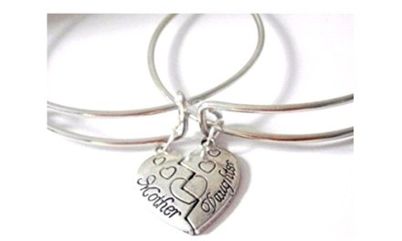 Mother & Daughter Bracelet Set Bangle Half Heart Charm Adjustable Wire Memory