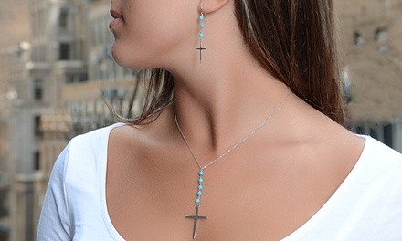 Genuine Turquoise Beaded Cross Necklace and Drop Earrings Set by Gemma Luna