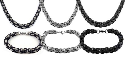 Men's Black Rhodium Plated 2 Tone Byzantine Necklace and Bracelet Set