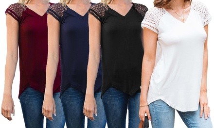 Women's Crochet Sleeve Tee. Plus Sizes Available.