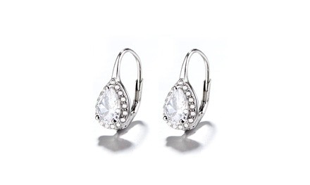 Sterling Silver Pear Omega Lever-back Halo Earring