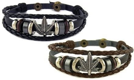 Men's Genuine Leather Three Row Hemp Leaf Bracelet