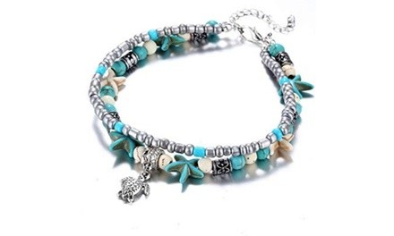 Ankle Bracelets for Women, Double Layer Turtle Ocean Stars