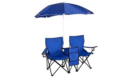 3-Piece Patio Set Picnic Beach Umbrella Folding Chair set w/ Table Cooler