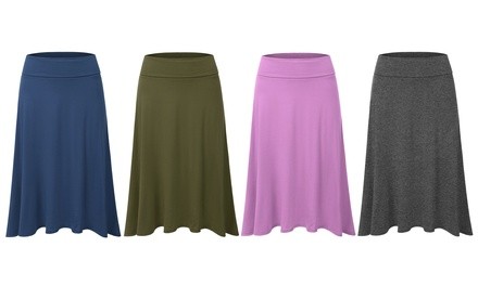 Doublju Women's High-Waist Elastic Soft Flared Midi Skirts. Plus Size Available.