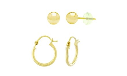 Kids' 14K Gold Ball Studs and Hoop Earrings (2 Pairs)