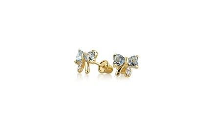 Bling Jewelry 14K Gold Simulated Aquamarine CZ Bow Baby Safety Earring